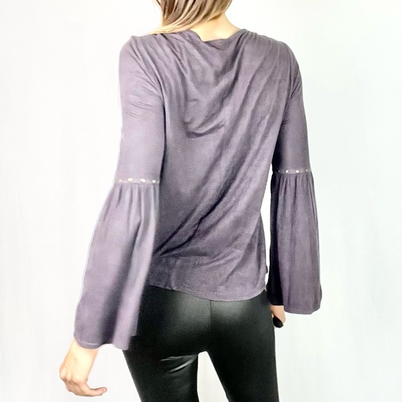 STYLE & CO |💜Dark Raisin Purple Faux Suede Bell Sleeves V-Neck Boho Blouse Top - Picture 11 of 11